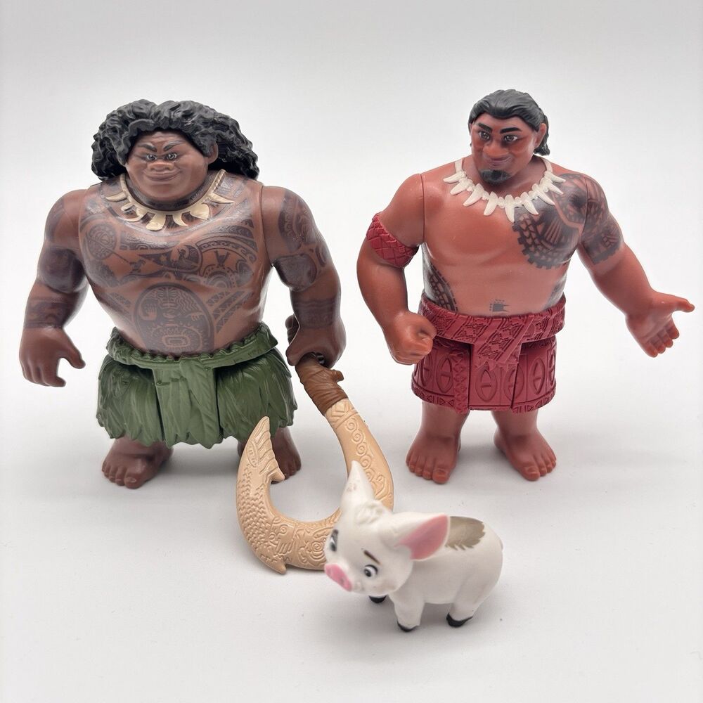 Disney Moana Figures Lot Maui Chief Tui Pua Pig + Fishhook Jakks Pacific 4"